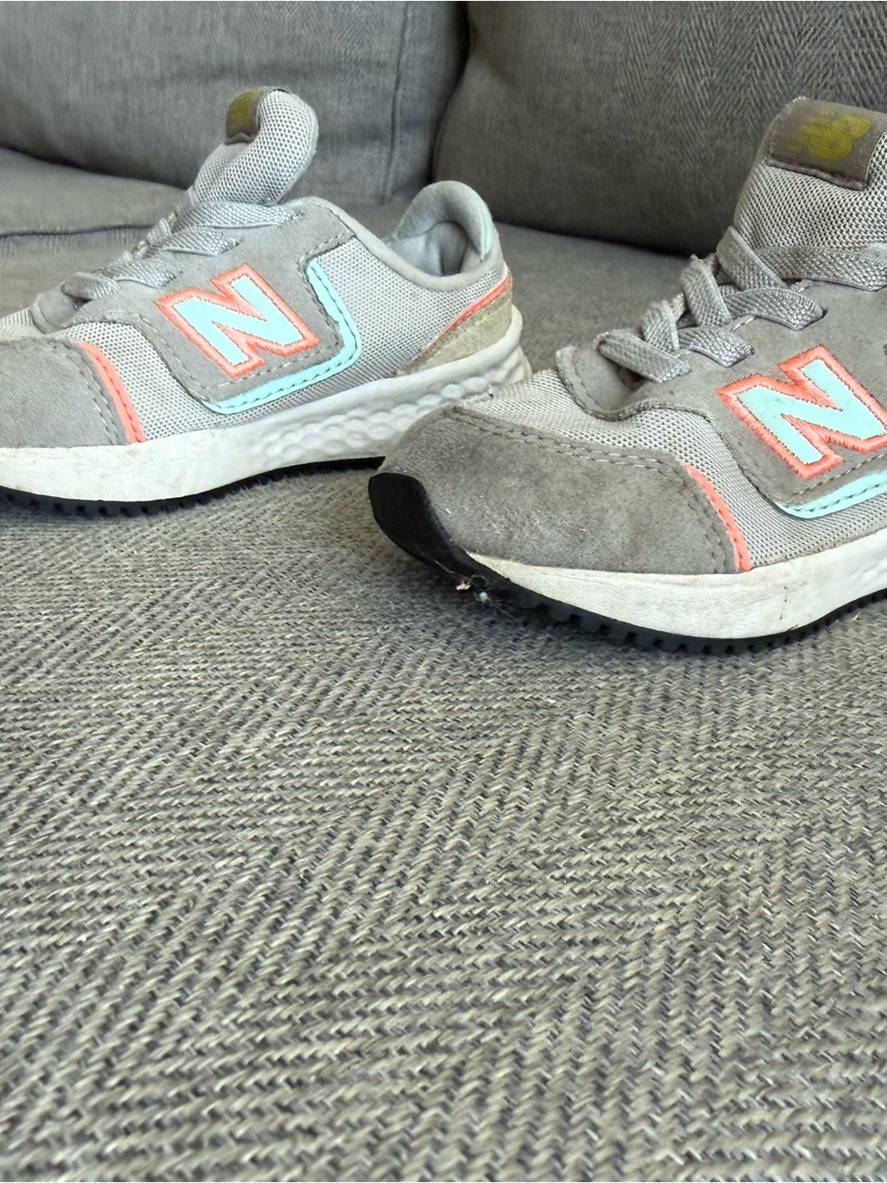 New Balance Kids Gray Sneakers with Coral & Mint Accents - Picture 2 of 5